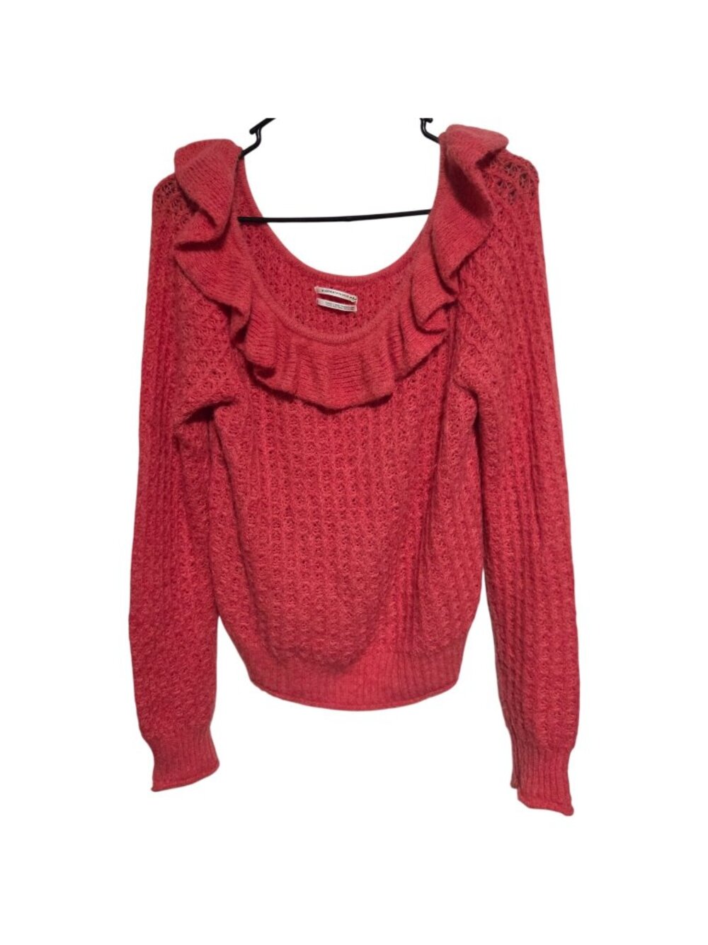 Anthropologie Ruffle Sweater Size Medium Wool Blend Coral Coquette Romantic